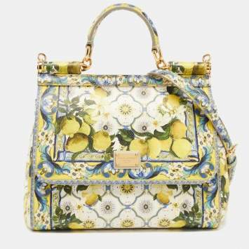 Pre Owned Dolce & Gabbana Multicolor Lemon Print Leather Medium Miss Sicily Top Handle Bag