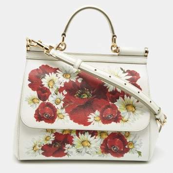 Pre Owned Dolce & Gabbana White Floral Print Leather Medium Miss Sicily Top Handle Bag