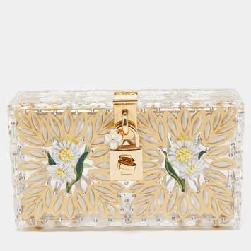 Pre Owned Dolce & Gabbana Gold/Clear Daisy Print Plexiglass Box Clutch