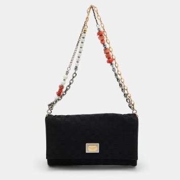 Pre Owned Dolce & Gabbana Black Woven Fabric and Leather Miss Charles Shoulder Bag