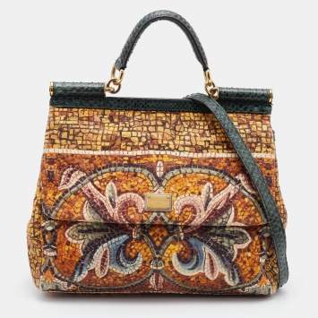 Pre Owned Dolce & Gabbana Multicolor Printed Canvas and Watersnake Leather Large Miss Sicily Top Handle Bag