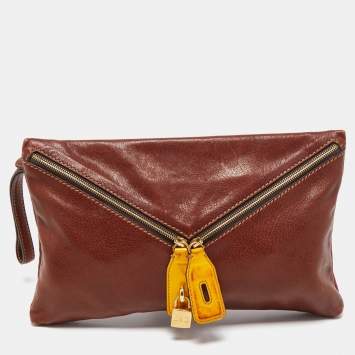 Pre Owned D&G Brown/Yellow Leather Micol Wristler Clutch