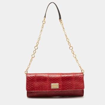 Pre Owned Dolce & Gabbana Red Python Embossed Leather Chain Clutch