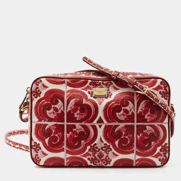 Pre Owned Dolce & Gabbana Red Majolica Print Leather Zip Camera Crossbody Bag