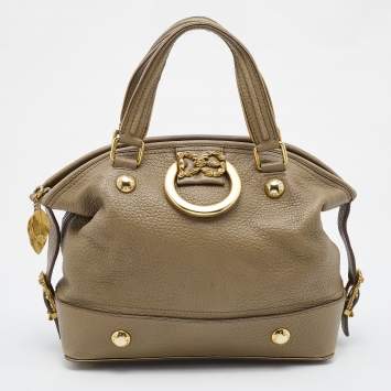 Pre Owned Dolce & Gabbana Olive Green Leather Baroque Logo Satchel