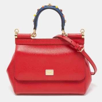Pre Owned Dolce & Gabbana Red Leather Small Miss Sicily Studded Top Handle Bag