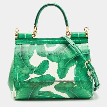 مملوكة مسبقًا Dolce & Gabbana Green Banana Leaf Print Leather Small Miss Sicily Top Handle Bag