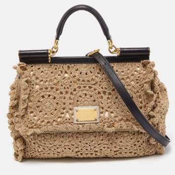 Pre Owned Dolce & Gabbana Gold Crochet Lurex Fabric Large Miss Sicily Top Handle Bag