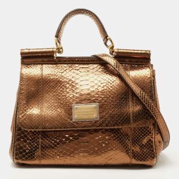 Pre Owned Dolce & Gabbana Bronze Python Leather Large Miss Sicily Top Handle Bag