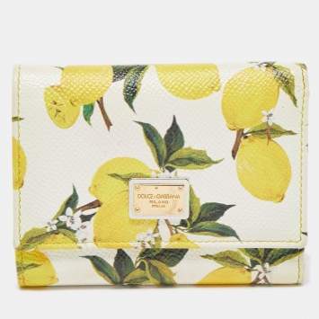 مملوكة مسبقًا Dolce & Gabbana Yellow/White Lemon Print Leather Trifold Wallet