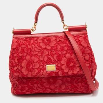 Pre Owned Dolce & Gabbana Red Lace and Leather Large Miss Sicily Top Handle Bag