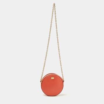 Pre Owned Dolce & Gabbana Orange Leather Glam Round Crossbody Bag