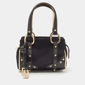 Pre Owned Dolce & Gabbana Black Satin and Watersnake Leather Mini Charm Crystals Satchel