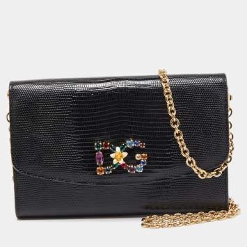 Pre Owned Dolce & Gabbana Black Lizard Embossed Leather DG Millennials Crystals Wallet on Chain