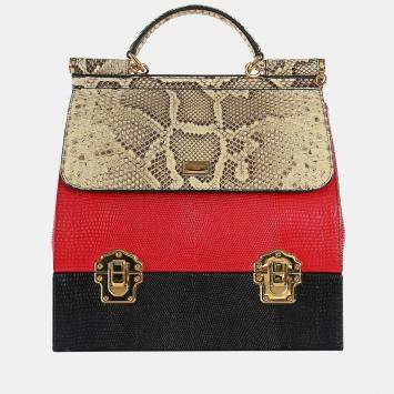 Pre Owned Dolce & Gabbana Beige/Red/Black Python & Lizard Leather Miss Sicly Bag
