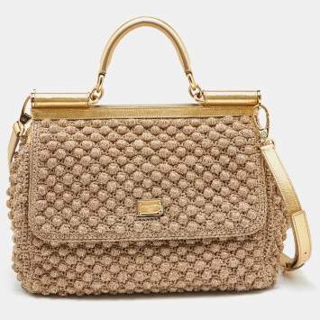 Pre Owned Dolce & Gabbana Gold Crochet Lurex Fabric and Leather Large Miss Sicily Top Handle Bag