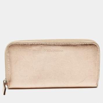 مملوكة مسبقًا Dolce & Gabbana Metallic Rose Gold Leather Zip Around Wallet