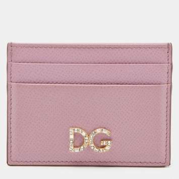 Pre Owned Dolce & Gabbana Pink Leather Crystal DG Card Holder