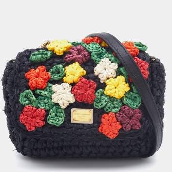 Pre Owned Dolce & Gabbana Black Crochet Raffia Flap Crossbody Bag