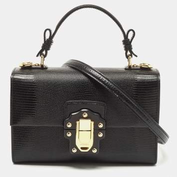 Pre Owned Dolce & Gabbana Black Lizard Embossed Leather Lucia Top Handle Bag