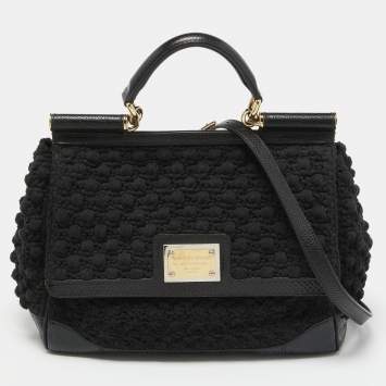 Pre Owned Dolce & Gabbana Black Crochet and Watersnake Large Miss Sicily Top Handle Bag