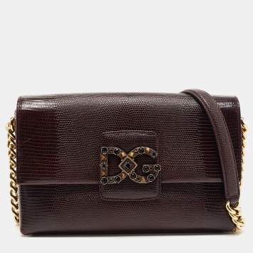 Pre Owned Dolce & Gabbana Dark Burgundy Lizard Embossed Leather DG Millennials Shoulder Bag