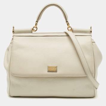 Pre Owned Dolce & Gabbana Off White Leather Large Miss Sicily Top Handle Bag