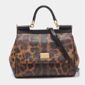 Pre Owned Dolce & Gabbana Brown/Black Leopard Print Coated Canvas and Leather Medium Miss Sicily Top Handle Bag
