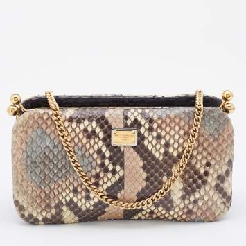 Pre Owned Dolce & Gabbana Beige Python Twisted Lock Chain Clutch