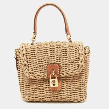 Pre Owned Dolce & Gabbana Tan/Natural Straw and Leather Miss Dolce Top Handle Bag