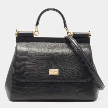 Pre Owned Dolce & Gabbana Black Lizard Embossed Leather Medium Miss Sicily Top Handle Bag