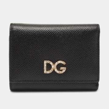 Pre Owned Dolce & Gabbana Black Leather DG Crystals Trifold Wallet