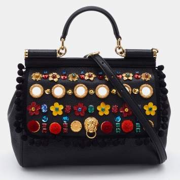 مملوكة مسبقًا Dolce & Gabbana Black Leather Medium Embellished Sicily Top Handle Bag