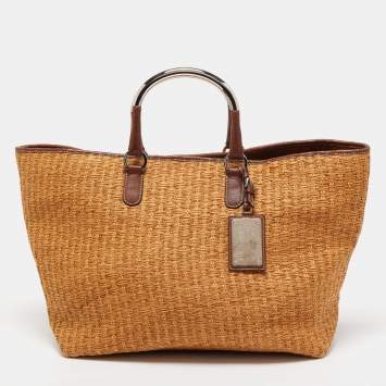 Pre Owned Dolce & Gabbana Brown Raffia And Leather Miss Elsie Tote