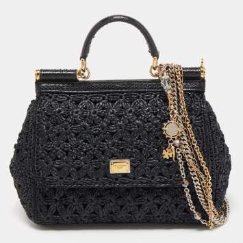 Pre Owned Dolce & Gabbana Black Crochet Raffia and Snakeskin Leather Medium Miss Sicily Top Handle Bag
