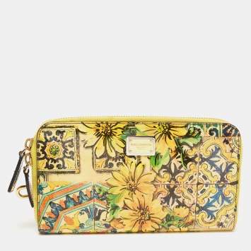 Pre Owned Dolce & Gabbana Yellow/Multicolor Floral Print Patent Leather Zip Around Pouch