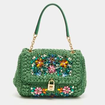Pre Owned Dolce & Gabbana Green Straw Crystal Embellished Miss Bonita Shoulder Bag
