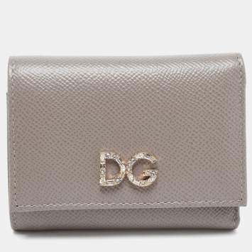 Pre Owned Dolce & Gabbana Beige Leather DG Crystals Trifold Wallet