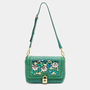 Pre Owned Dolce & Gabbana Green Raffia and Leather Crystals Embellished Padlock Shoulder Bag