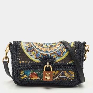 Pre Owned Dolce & Gabbana Navy Blue/Multicolor Printed Canvas and Straw Padlock Shoulder Bag