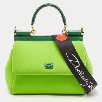 Pre Owned Dolce & Gabbana Neon Green Neoprene and Leather Small Miss Sicily Top Handle Bag