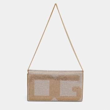 Pre Owned Dolce & Gabbana Gold/Silver Crystal Embellished and Watersnake Leather DG Chain Clutch