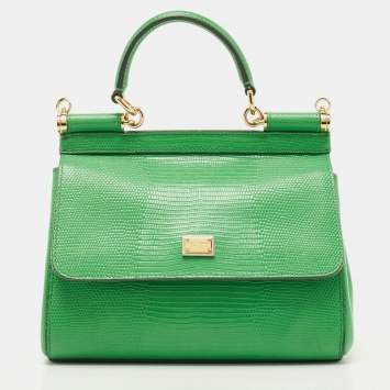 Pre Owned Dolce & Gabbana Green Lizard Embossed Leather Small Miss Sicily Top Handle Bag