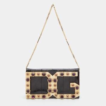 Pre Owned Dolce & Gabbana Brown Eel Leather DG Crystal Embellished Chain Clutch