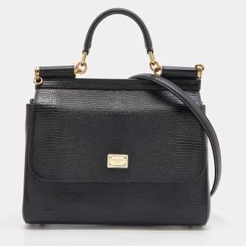 Pre Owned Dolce & Gabbana Black Lizard Embossed Leather Medium Miss Sicily Top Handle Bag with Wallet