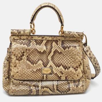 Pre Owned Dolce & Gabbana Beige/Brown Python Medium Miss Sicily Top Handle Bag
