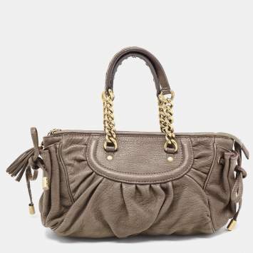Pre Owned Dolce & Gabbana Khaki Green Pleated Leather Tassel Hobo