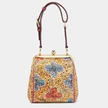 Pre Owned Dolce & Gabbana Yellow/Multicolor Printed Fabric and Snakeskin Frame Top Handle Bag