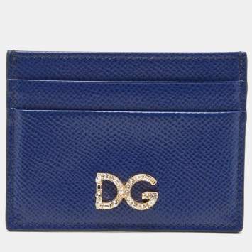 مملوكة مسبقًا Dolce & Gabbana Blue Leather DG Crystal Logo Card Holder