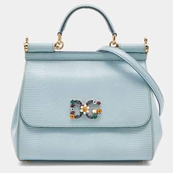 Pre Owned Dolce & Gabbana Blue Iguana Embossed Leather Crystal DG Logo Medium Miss Sicily Bag